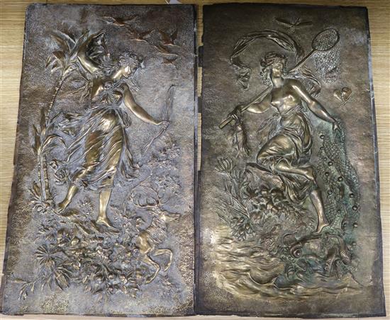 A pair of 19th century embossed brass plaques depicting Diana and Diktynna 51.5 x 29cm